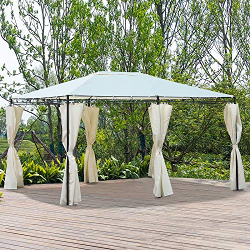 Elegante Pabellón 4x3x2.55m Tela Poliéster, Protección UV, Marco de Hierro, Color Crema. Detalle en ambiente patio exterior. Outsunny