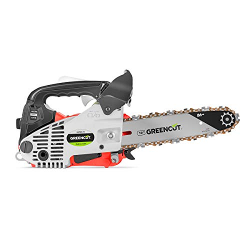 Vista de perfil de la Motosierra para Poda a gasolina 25, 4cc y 1,4cv con espada de 10'' Arranque Easy-Start, Sistema Anti-Vibración, Incluye protector de espada y KIT.  GS250X-10 - GREENCUT