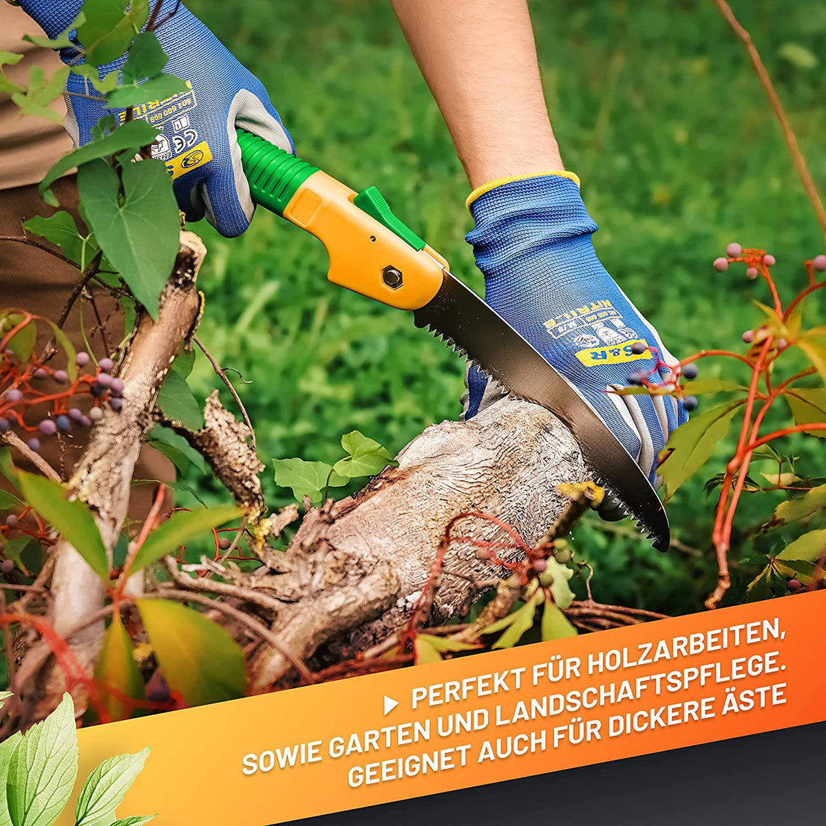 Corta cualquier tipo de rama, fácilmente en los trabajos de jardinería con la Sierra de Mano Plegable TIBURÓN para poda y jardinería dentado japonés. GRÜNTEK