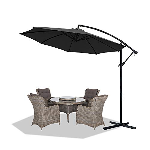 Vista con la Sombrilla Parasol Mástil de Aluminio y 100% Poliester  Ø 350cm Tela protección UV 40 + y Impermeable para Jardín o Terraza, Gris Oscuro. HENGMEI