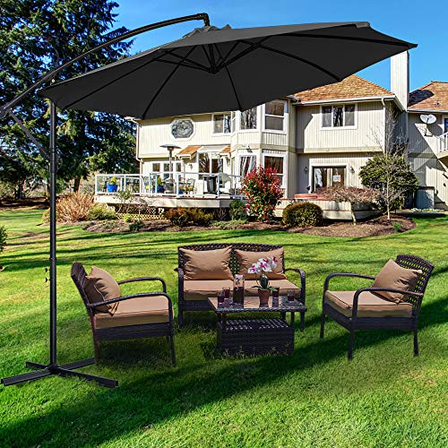 Aspecto en el jardín de conjunto de muebles bajo la Sombrilla Parasol Mástil de Aluminio y 100% Poliester  Ø 350cm Tela protección UV 40 + y Impermeable para Jardín o Terraza, Gris Oscuro. HENGMEI