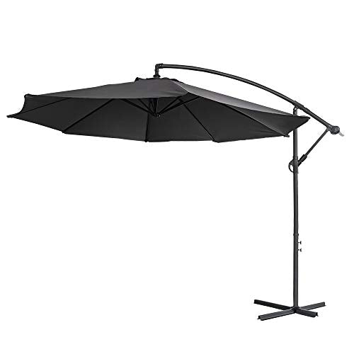 Vista general de la Sombrilla Parasol Mástil de Aluminio y 100% Poliester  Ø 350cm Tela protección UV 40 + y Impermeable para Jardín o Terraza, Gris Oscuro. HENGMEI