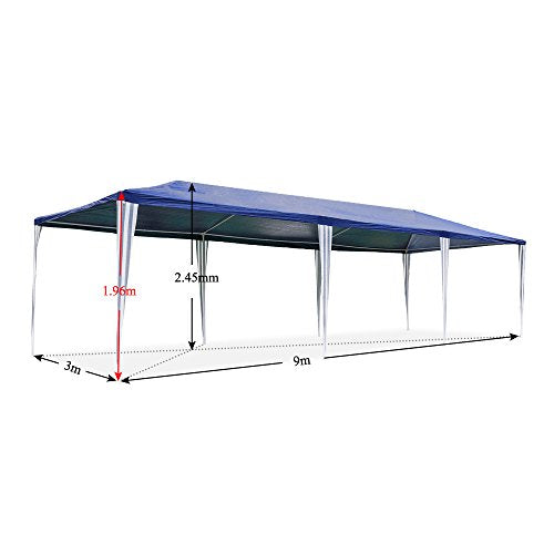 Detalle medidas de la Carpa Pabellón 3x9 m tienda campaña cúpula polietileno Acero tubos con 6 laterales y 2 entradas resistente al agua Incluye 6 paredes desmontables color azul. HG. 