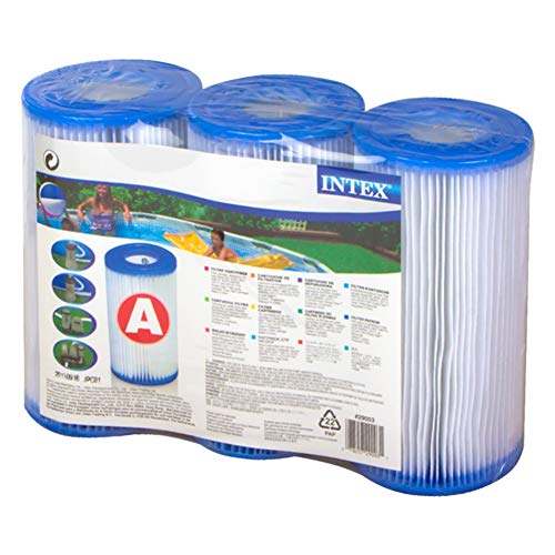 Reverso del packaging del Pack 3 cartuchos filtros tipo A. altura 20,2 diametro 10,8 / 5 cm Intex 29003