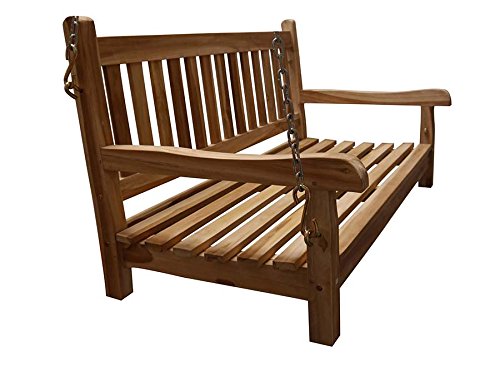 Columpio de jardín de 2 plazas de Madera de Teca Maciza, Ideal para jardín y terraza, Junado Susana. 120 cm. Vista frontal. Vista de perfil. Sam