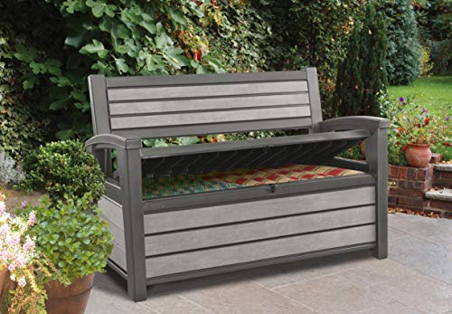 Banco de jardín con almacenamiento. Hudson Bench Cojín Caja, 227 L, Antracita, 132,7 X 62,1 x 89 cm. Keter | maxjardin