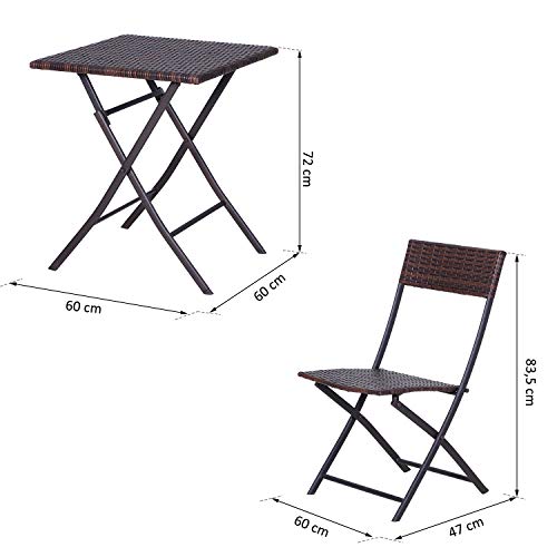 Conjunto de 3 Piezas de Ratán Juego de 2 Sillas y Mesa para Patio Balcón Jardín Plegable Diseño Trenzado Elegante Mesa de 60x60x72 cm Color Marrón. Medidas. Outsunny