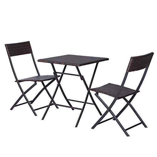 Conjunto de 3 Piezas de Ratán Juego de 2 Sillas y Mesa para Patio Balcón Jardín Plegable Diseño Trenzado Elegante Mesa de 60x60x72 cm Color Marrón. Vista general. Outsunny