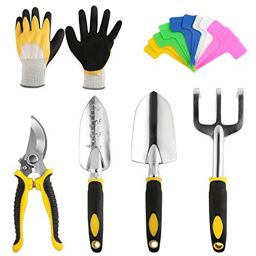 Juego Herramientas de Jardín, 5 Piezas Acero Inoxidable con Paleta Mano, Trasplantadora, Tijeras Podar, Rastrillo Mano, Guantes Jardinería y Etiquetas de Plantas. BelleStyle
