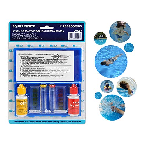 Packaging y diferentes usos del Kit de análisis de PH y cloro para piscinas y spas Quimicamp 209080