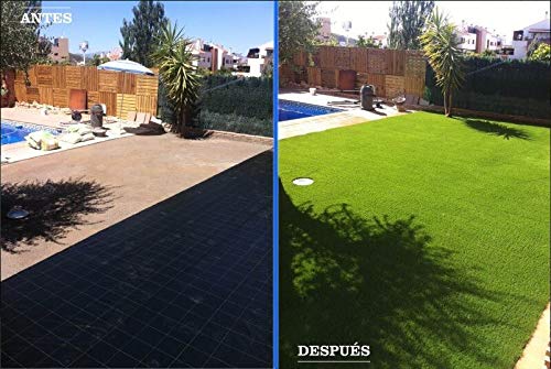 Antes y después junto a piscina con el Rollo de Césped artificial 2x4metros GUIMARAS - 20mm de altura - alta densidad - calidad profesional - ideal para exteriores, piscinas, terrazas, jardín, ideal mascotas - fácil instalación. LUCATEX