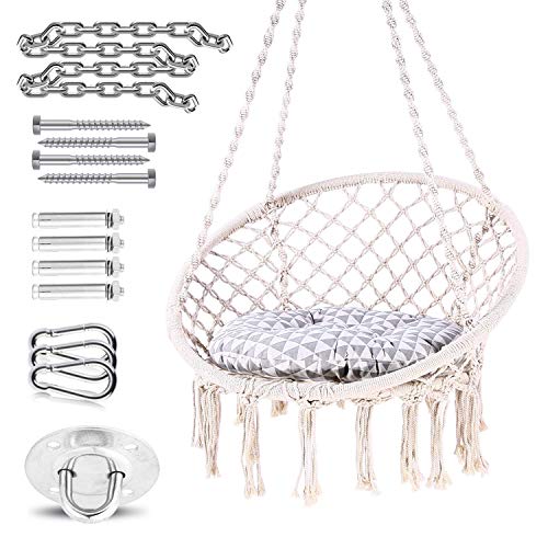 Silla Colgante con cojín Suave y Kit de Montaje para Colgar, Duradero, Fabricado con Cuerda de macramé de algodón 100%  para Interior. Ohuhu