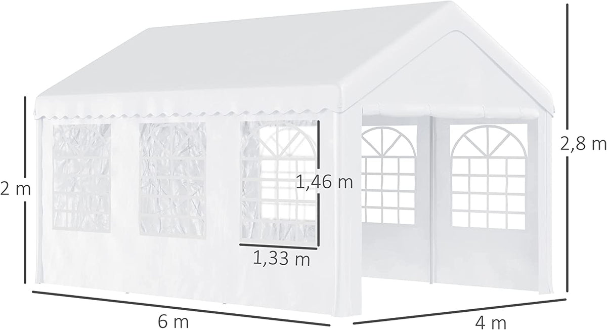 Medidas del Pabellón 6x4m 4 Paneles Laterales 6 Ventanas, Acero PE Blanco. Outsunny