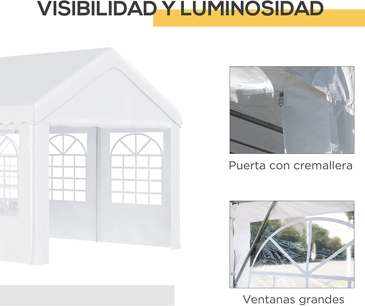 Detalles de puerta con cremallera y amplias ventanas del Pabellón 6x4m 4 Paneles Laterales 6 Ventanas, Acero PE Blanco. Outsunny