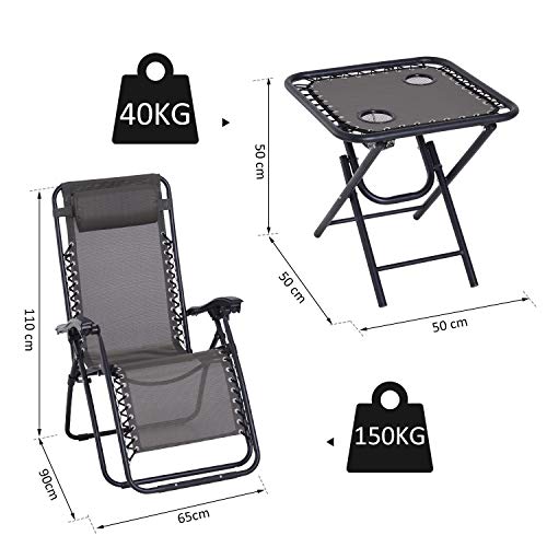 Conjunto de 1 Mesa y 2 Tumbonas Set Exteriores Plegable y Portátil para Jardín Playa Relajante con Respaldo Reclinable Textilene Acero Gris. Medidas.  Outsunny