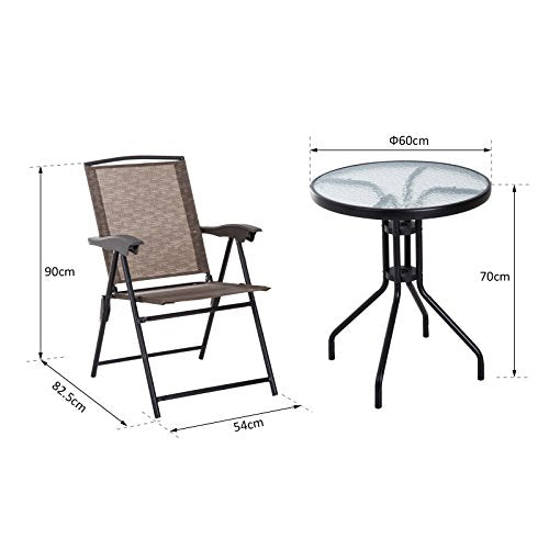 Medidas de Conjunto Mesa y 2 Sillas Plegables para Exterior con Respaldo Reclinable a 4 Niveles con tejido Textilene y Marco de Acero Marrón. Outsunny