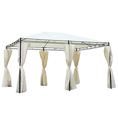 Elegante Pabellón 4x3x2.55m Tela Poliéster, Protección UV, Marco de Hierro, Color Crema. Vista general. Outsunny