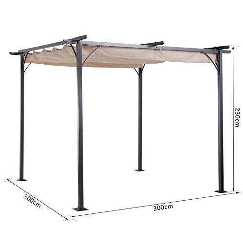 Medidas de la Pérgola Metal 3x3m con Techo Retráctil Tela Poliéster Resistente al Agua y UV. Outsunny