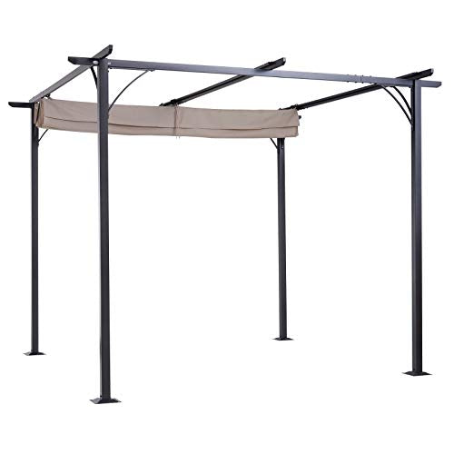 Detalle de toldo plegado de la Pérgola Metal 3x3m con Techo Retráctil Tela Poliéster Resistente al Agua y UV. Outsunny