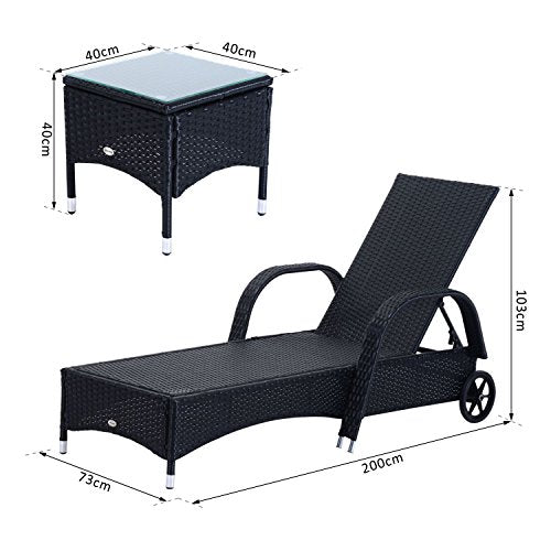 Medidas de la tumbona y mesita del Set de 2 Tumbonas Chaise Longue + 1 Mesa de Ratan para Jardín o Terraza con Cojines y Respaldo Ajustable a 5 Niveles (Negro). Outsunny