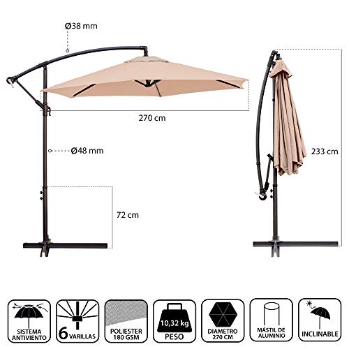 Medidas del Parasol sombrilla excéntrica de Aluminio Verde con ventilación para jardín de 270 cm (Beige). Lola Home