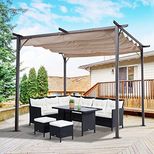 Vista en terraza al aire libre con la Pérgola Metal 3x3m con Techo Retráctil Tela Poliéster Resistente al Agua y UV. Outsunny