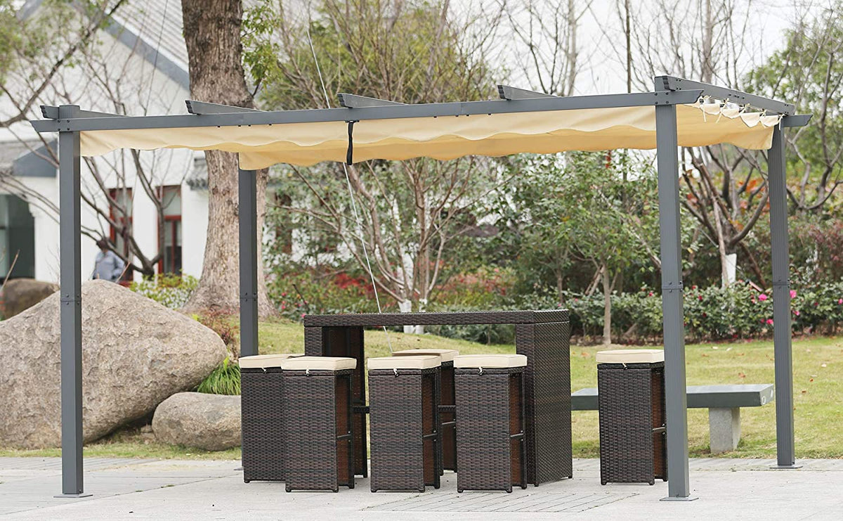 Pérgola Elegante Aluminio 3x4 m. Techo Retráctil, Resiste el Agua y rayos UV. Diseño Beige. Angel Living.