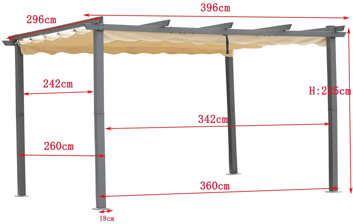 Pérgola Elegante Aluminio 3x4 m. Techo Retráctil, Resiste el Agua y rayos UV. Diseño Beige. Medidas. Angel Living.