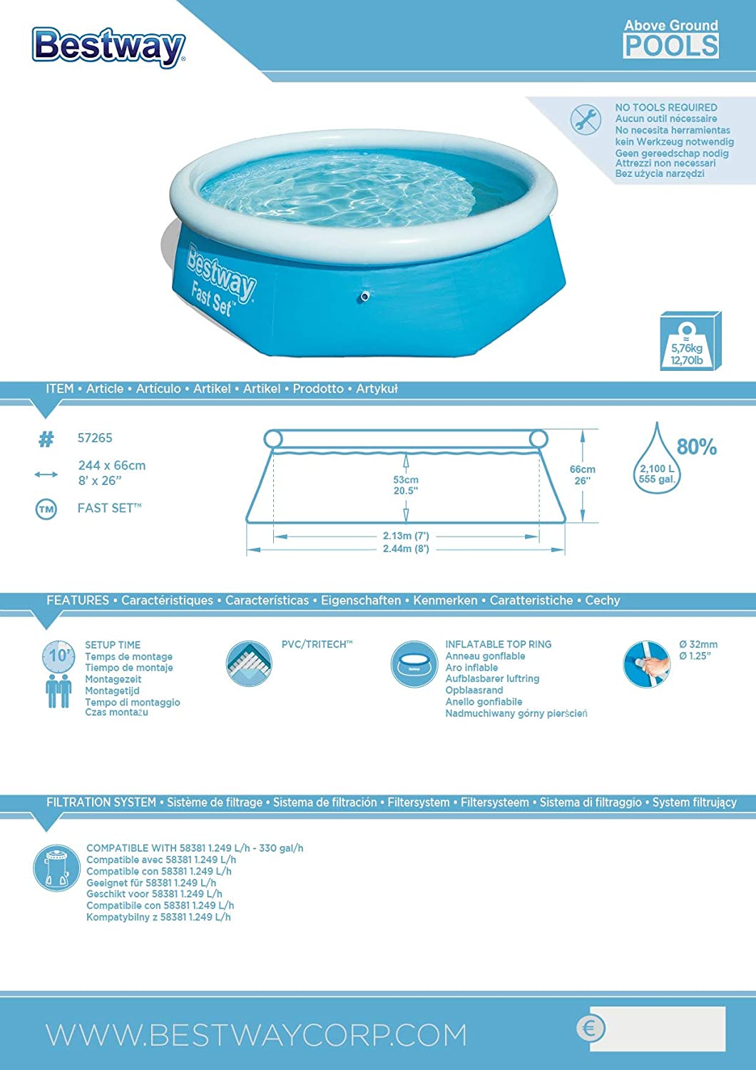 Características de Piscina inflable Desmontable Autoportante con válvula de drenaje, 244x66 cm 【2.300 litros】FastSet Pool.  Bestway
