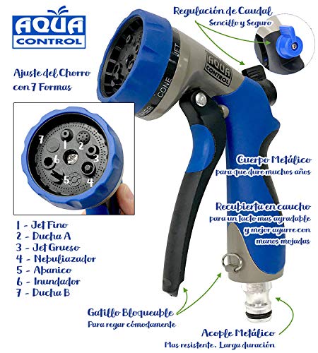 Características de la Pistola de Riego fabricada en Metal y Caucho. Con Regulación de Caudal y 7 Formas de Riego para adaptarse a todo tipo de plantas y terrenos. AMT42. Aqua Control
