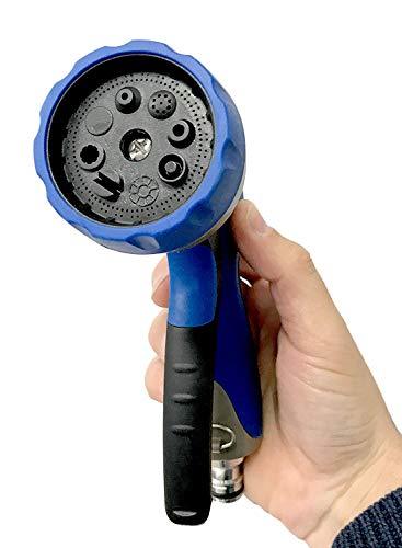 Vista de la Pistola de Riego fabricada en Metal y Caucho. Con Regulación de Caudal y 7 Formas de Riego para adaptarse a todo tipo de plantas y terrenos. AMT42. Aqua Control