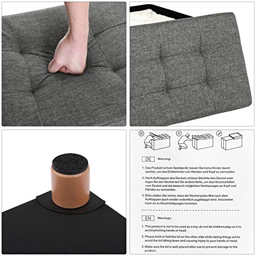 Características del Taburete bajo de Almacenamiento Plegable Rectangular Tapizado con acolchado de Esponja con Patas de Madera Maciza y Tapa Gris Oscuro LSF16GYZ. SONGMICS