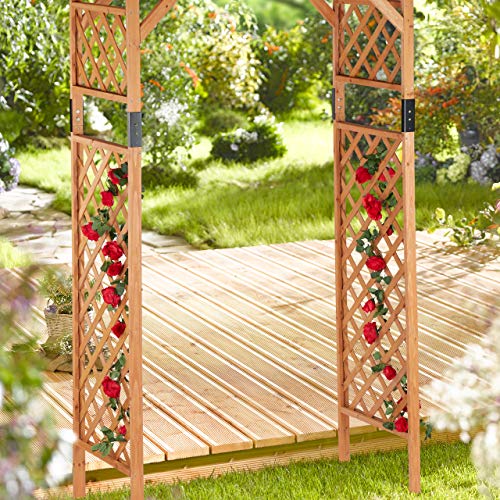 Pérgola Arco de madera para Rosas y plantas trepadoras 230x162x79 cm. Detalle en jardín.Relaxdays
