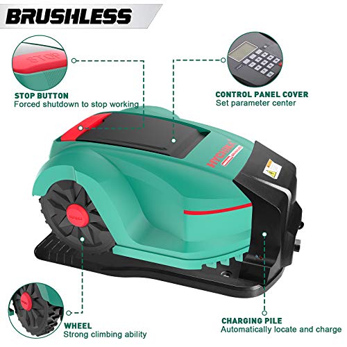 Características del Robot Cortacésped para superficies hasta 800 m², IPX4 Impermeable, 3 Cuchillas, Altura máx de Corte 55mm, Ancho 200mm, Protección Antirrobo, Cable Delimitador, Ganchos. HYCHIKA