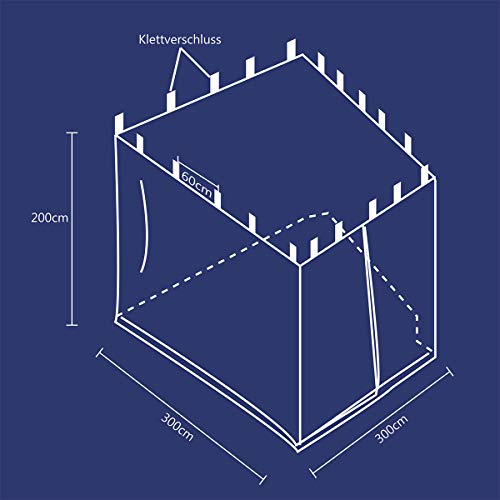 Medidas de la Mosquitera para cenador o Gazebo 3x3 m con Cremallera y Tiras de Velcro Negro. Sekey