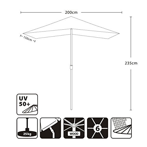 Medidas y características de la Sombrilla Parasol de Madera rectangular para terraza Playa o Piscina Patio 200 × 150 cm color Crudo Protección Solar UV50+. Sekey®