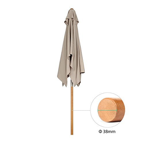 Aspecto plegado y detalle de diámetro del mástil de la Sombrilla Parasol de Madera rectangular para terraza Playa o Piscina Patio 200 × 150 cm color Crudo Protección Solar UV50+. Sekey®