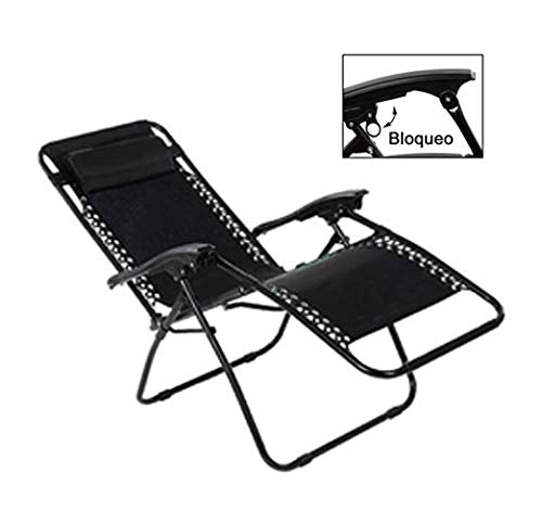 Vista tumbada con detalle del bloqueo de tumbona del Pack de 2 Tumbonas Gravedad Cero Relax Plegables Multiposiciones de Exterior (Negro). VIP HOGAR