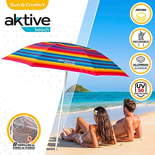 Características de la sombrilla de playa con rayas de colores Beach Aktive y pareja tumbada en la orilla de la playa