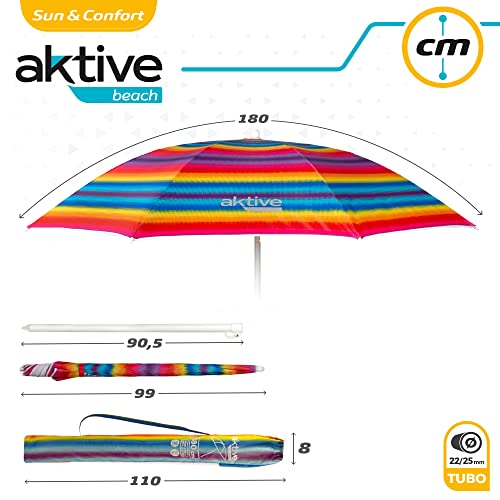 Medidas de accesorios y sombrilla de playa con rayas de colores concéntricas sobre fondo blanco Beach Aktive