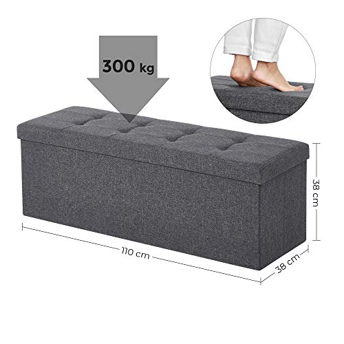 Banco con Almacenamiento grande. Cofre Puff Otomana, Plegable, Carga Estática Máx. 300 kg, 120 L, 110 x 38 x 38 cm, Imitación Lino, Gris Oscuro LSF77K. SONGMICS