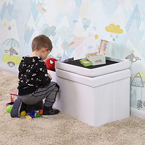 Baúl Puff Taburete para almacenaje Plegable Carga Máxima de 300 kg Blanco 110 x 38 x 38 cm. Packaging. Vista en habitación infantil. LSF75WT. SONGMICS