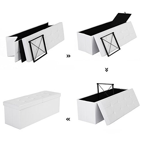Baúl Puff Taburete para almacenaje Plegable Carga Máxima de 300 kg Blanco 110 x 38 x 38 cm. Packaging. Secuencia de montaje. LSF75WT. SONGMICS
