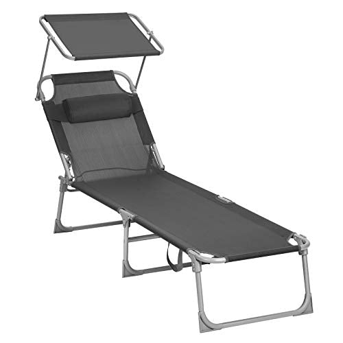 Tumbona Reclinable con Reposacabezas, Respaldo y Parasol Reclinables, Ligera, Plegable, 53 x 193 x 29,5 cm, Carga 150 kg, para el Jardín, Gris Oscuro GCB19UV1. SONGMICS