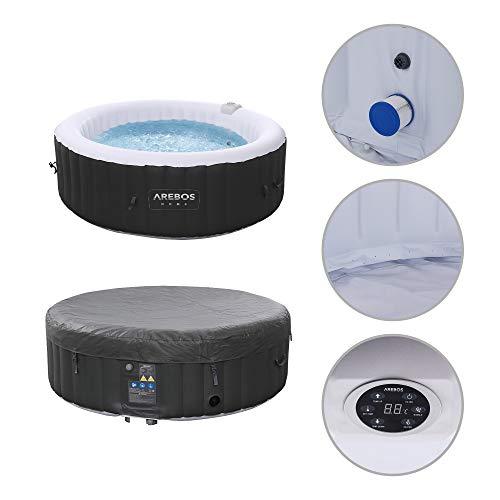 Vista con y sin funda y detalles del Spa Piscina In-Outdoor Whirlpool Inflable. Bienestar con Calefacción y Masaje. AREBOS