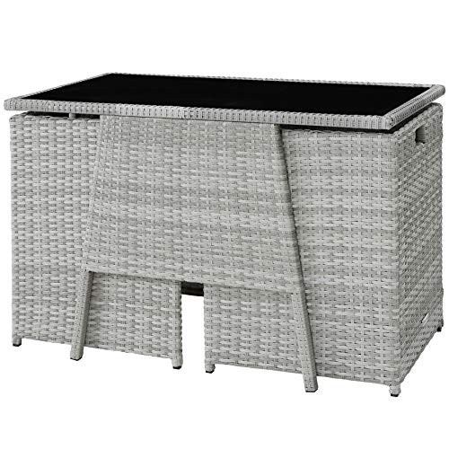 Conjunto de Muebles de Jardín 2 sillas + 1 mesa, Trenzado de Polirratán, Tornillos de Acero Inoxidable Gris Claro. Vista conjunto acoplado ocupa poco espacio. TecTake