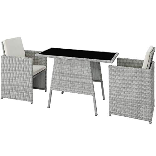 Conjunto de Muebles de Jardín 2 sillas + 1 mesa, Trenzado de Polirratán, Tornillos de Acero Inoxidable Gris Claro Vista general. TecTake