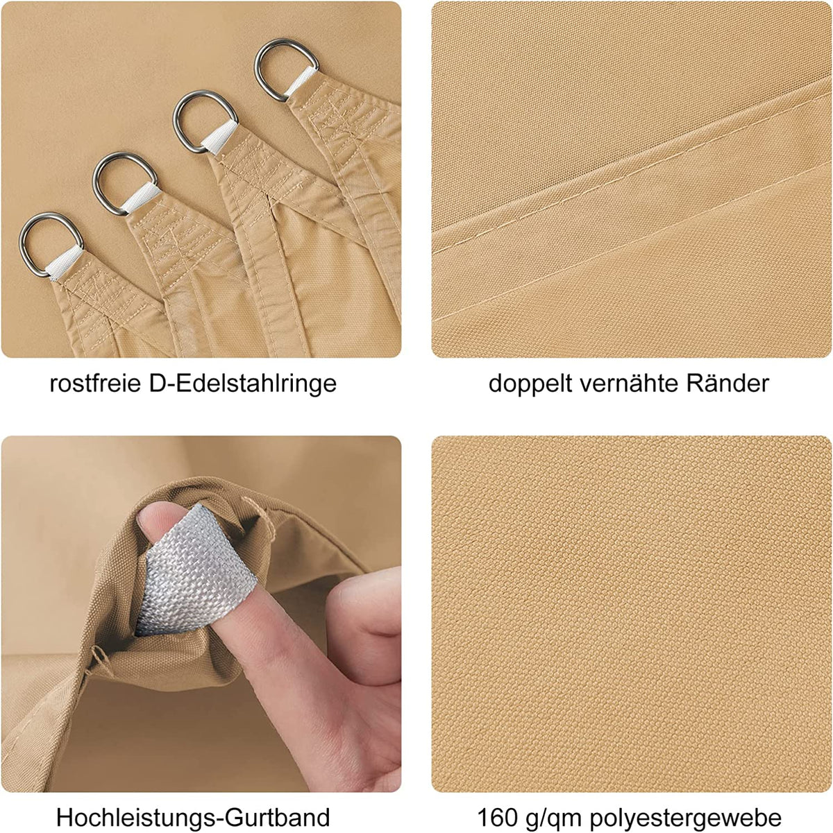 Detalles del Toldo Vela 3x3 m Protección 95% UV y Poliéster Impermeable, color Arena. Haikus
