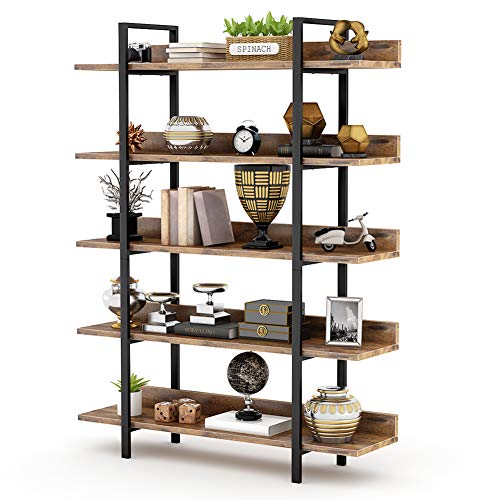 Vista con objetos en sus estantes de Estantería para Libros estilo Industrial muy Estable con 5 estantes. Estructura de Hierro. Ideal para el hogar o la Oficina. Tribesigns
