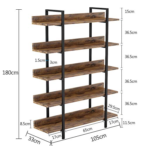 Medidas de Estantería para Libros estilo Industrial muy Estable con 5 estantes. Estructura de Hierro. Ideal para el hogar o la Oficina. Tribesigns